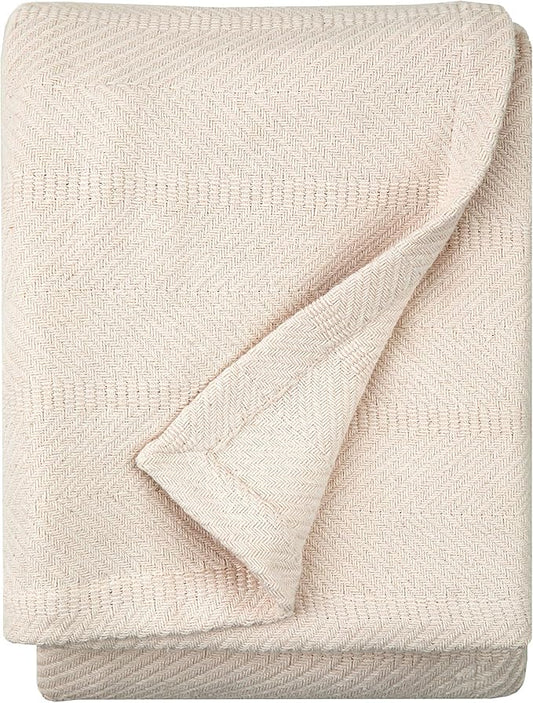 Sticky Toffee Cotton Throw Blanket, 60 x 50 Inch, Ivory Cream Herringbone Weave, Soft Lightweight Woven Blanket for Couch, Boho Farmhouse Style