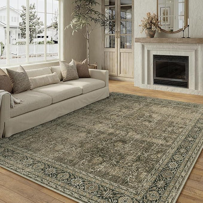 Vintage Area Rug 9x12 Light Brown Washable Living Room Large Bedroom Indoor Carpet Tribal Distressed Retro Accent Throw Rug for Office Dining Room