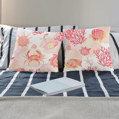Pink Coastal Beach Pillow Covers 18x18 Set of 2, Beachy Room Decor Aesthetic, Ocean Coral Crab Fish Seashell Coastal Decorative Throw Pillow Covers for Home Bedroom Living Room