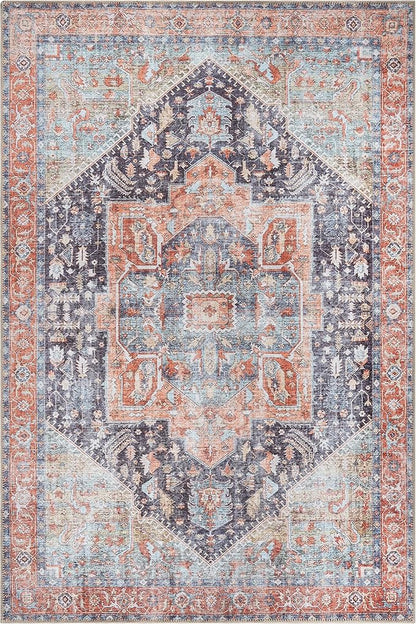 Bloom Rugs Washable Non-Slip 6' x 9' Rug - Terracotta/Blue Traditional Medallion Area Rug for Living Room, Bedroom, Dining Room, and Kitchen - Exact Size: 6' x 9'