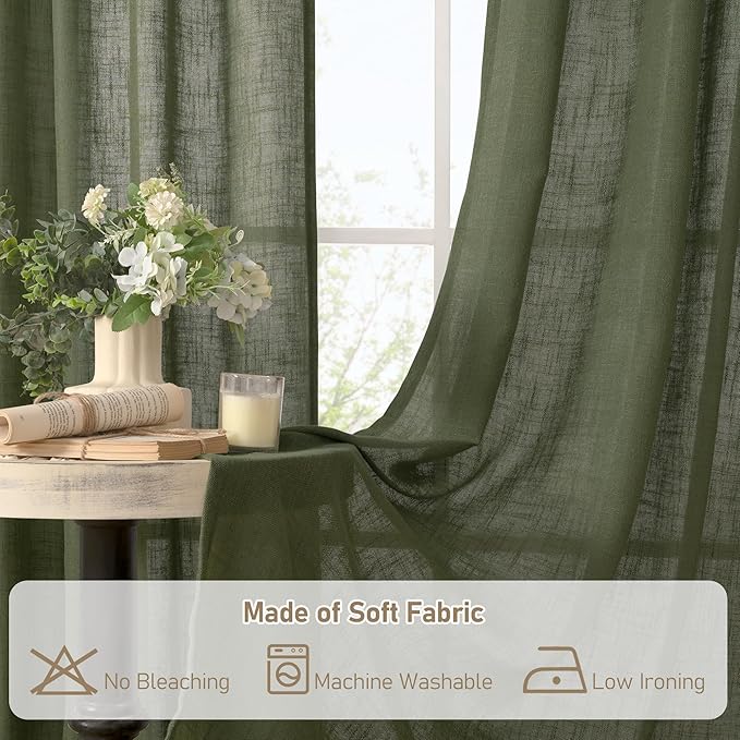 LAMIT Light Filtering Linen Curtains 78 inch for Bedroom, Linen Textured Semi Sheer Back Tab and Rod Pocket Boho Modern Christmas Decor Drapes for Living Room, Olive Green, 2 Panels, 52 x 78 Inch