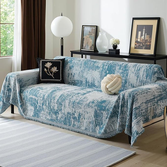MEETSKY Boho Sofa Cover Sofa Slipcover Thick Chenille Blue Couch Cover for 3-4 Cushion Couch Sofa Reversible Universal Couch Cushion Cover XXL Sofa Protector for Dog Cat, 91"x150"