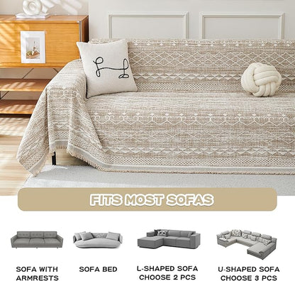 MEETSKY Boho Couch Cover Sofa Slipcover for Sectional Sofa Covers Protector Universal Use Chenille Blend Thick Fabric Washable, Modern Design Sofa Throw Cover for Living Room, 71" x 118", Khaki