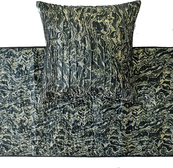 The HomeCentric King/Queen/Twin Black Decorative Bed Runner Queen 74"x18" Bed Runner with Two Pillow Cover, Marble Pattern, Pintucks, Quilted Bed Scarf on Jacquard Fabric - Stellaris