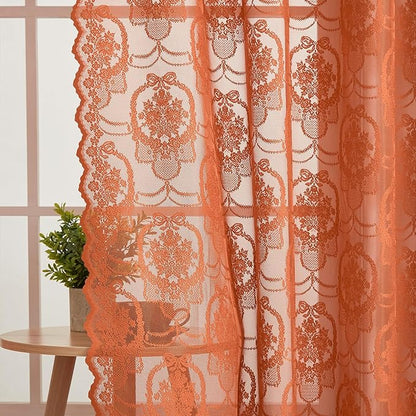 Burnt Orange Lace French Delicacy Curtains 63 Inches Long -Rod Pocket Luxury Vintage Bow Butterfly Sheer Flower Lace Curtains for Living Room Bedroom，52 x 63 Inch, 2 Panels