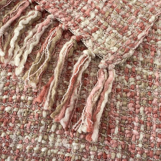 Multi-Color Light Pink Cable Knitted Throw Blanket for Couch,50"X60" Boho Style Textured Blankets for Home Decor,Super Soft Warm Cozy Chunky Knit Blanket with Decorative Tassels for Bed