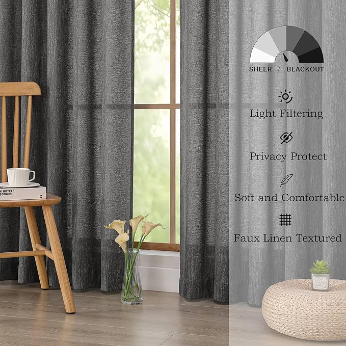 Simplebrand Grey Faux Linen Textured Curtains 63 Inch Length 2 Panels for Bedroom, Semi Sheer Light Filtering Privacy Farmhouse Curtains, Soft Thick Rod Pocket Window Drapes, 40W x 63L Inch