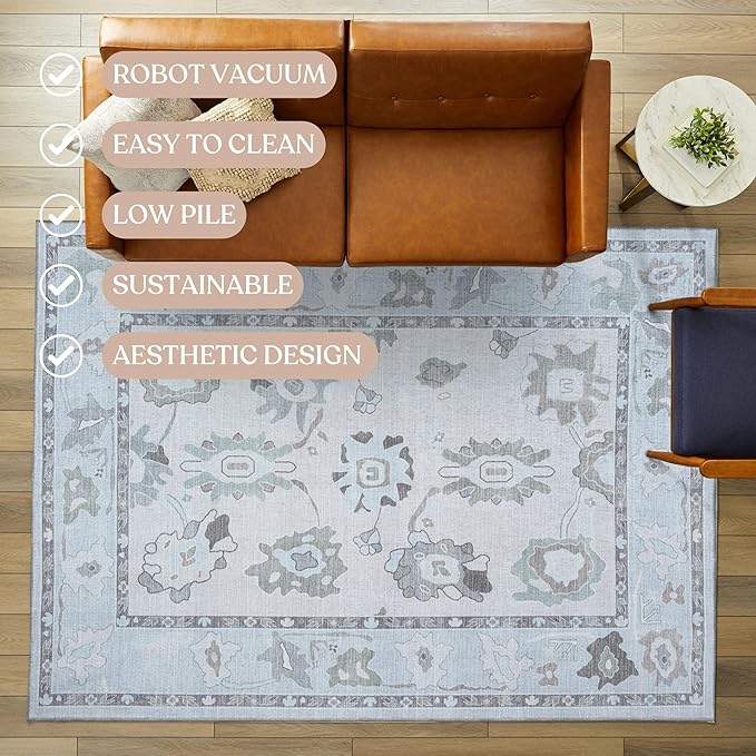 Fame Living Cream Beige Oushak Rug, Modern, Vintage, Turkish, Eclectic, Floral, Pastel, Washable, Extra Large Area Rugs for Living Room, Dining, Bedroom, Lounge, 9'x12'