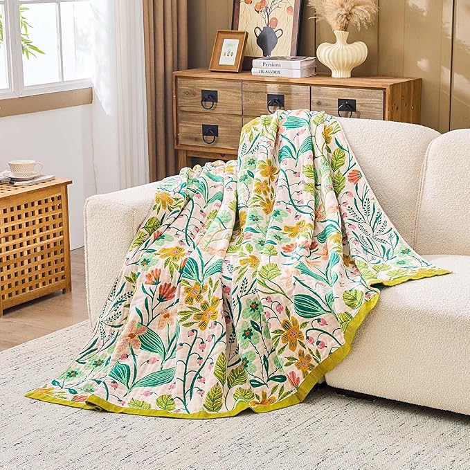 Beige Boho Throw Blanket, 100% Cotton Blankets for Couch Bed, 80"x90"Cotton Quilt Travel Muslin Blankets Farmhouse Home Decor Soft Lightweight Picnic Blanket for Summer