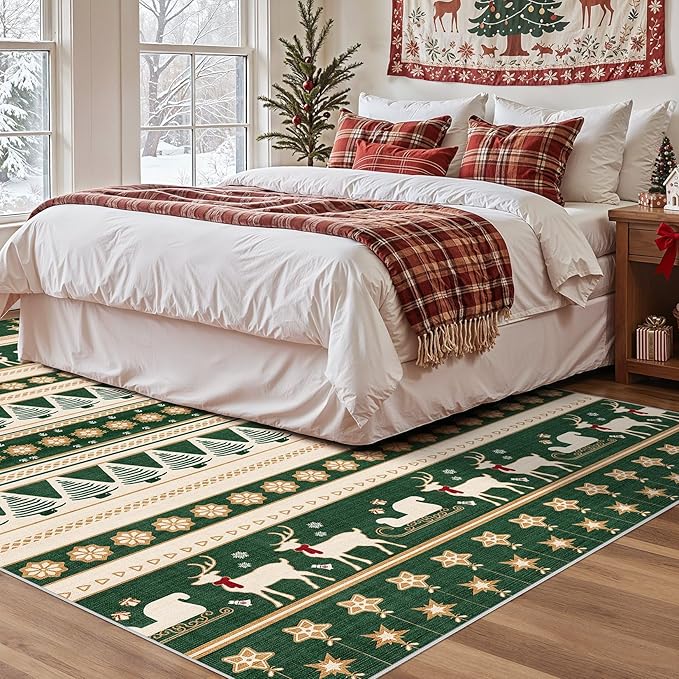 Abstract Living Room Rug 5X7 - Modern Washable Christmas Soft Thin Area Rug for Living Room Bedroom Under Dining Table - Neutral Indoor Floor Rug Carpets for Home Office Playroom Nursery - Green Gold