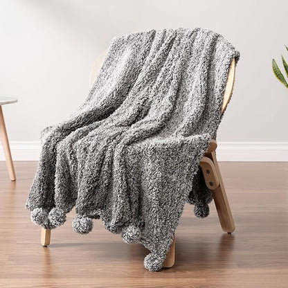 PAVILIA Grey Sherpa Throw Blanket for Couch, Warm Plush Pom Blanket Throw, Gray Fuzzy Sofa Throw, Lightweight Soft Cozy Fluffy Blanket with Pom Poms, Heather Grey, 50x60