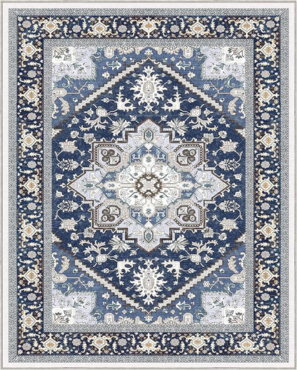 OPPODREAM Thin 8x10 Area Rugs, Washable Rugs 8x10 with Non Slip Backing, Faux Cashmere Low-Pile 8 x 10 Carpet, Navy Blue & Gold