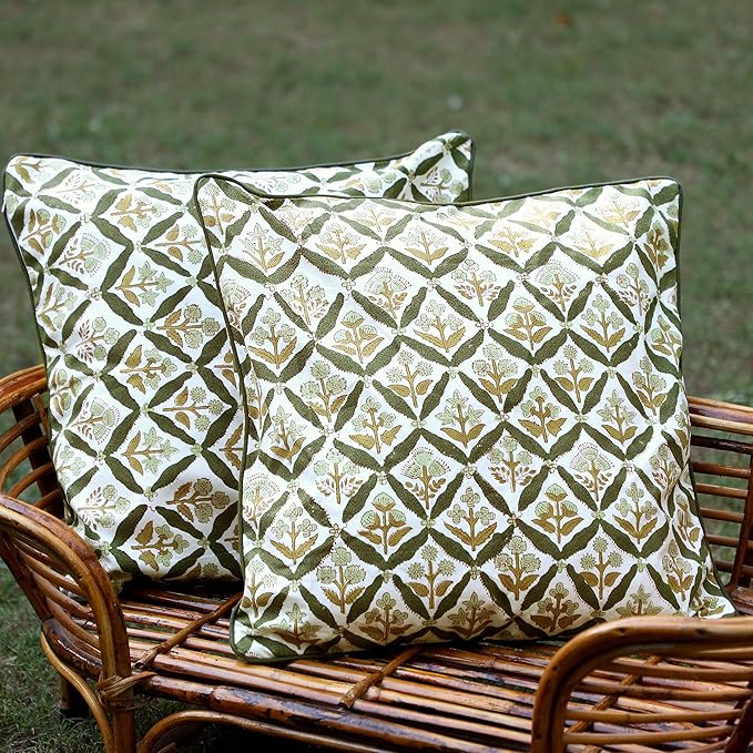 SheetKart Pure Cotton Throw Pillow Covers - Set of 2 - Hand Block Pure Cotton Printed Boho Decorative Pillow Covers - Cushion Covers for Living Room, Bohemian Theme, 19 x 19 Inches, Sagewood Olive