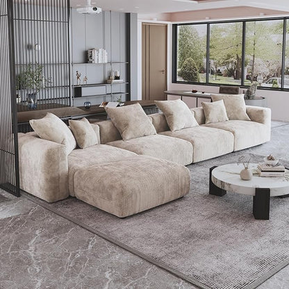 JACH 181" Oversized Modular Sectional Sofa, Deep 4-Seats Sectional Couch with Chaise Ottoman, Huge Plus Convertible Soft Sofas, Corduroy Minimalist Couches for Living Room, Office, Apartment, Beige