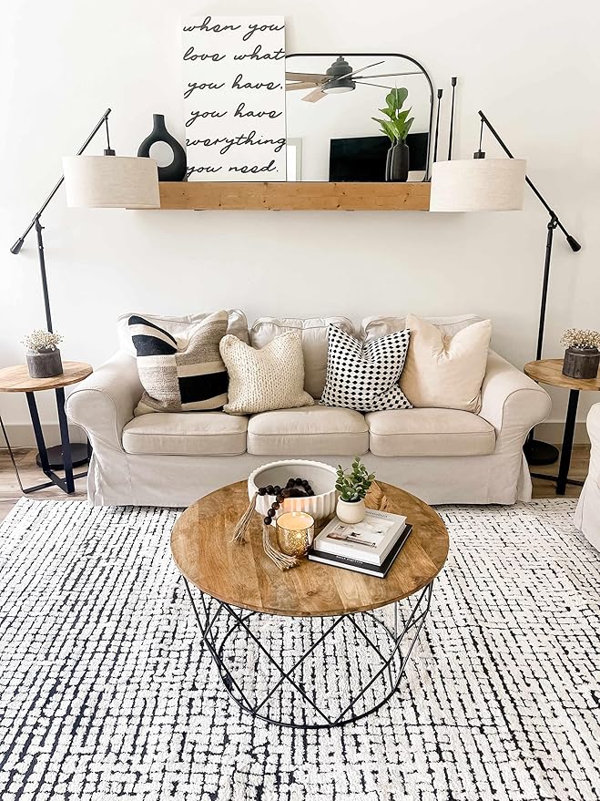 Hauteloom Keita Contemporary Mosaic Runner Rug - High Pile Fluffy Soft Shag Carpet for Hallway, Kitchen - Black and White - 2'8" x 7'3" Runner
