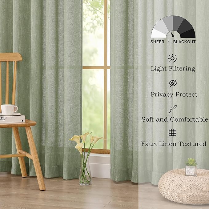 Simplebrand Sage Green Faux Linen Textured Curtains 63 Inch Length 2 Panels for Bedroom, Semi Sheer Light Filtering Privacy Farmhouse Curtains, Soft Thick Rod Pocket Window Drapes, 40W x 63L Inch