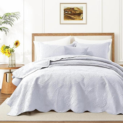 IR Imperial Rooms Twin Quilt Bedding Set Size (68” x 86”) + 1 Pillow Shams (20” x 26” + 2”) - 2 Pcs All Season Lightweight Reversible Microfiber Coverlet Floral Embossed Quilt Bedspread (White)