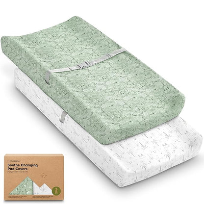 2-Pack Organic Changing Pad Covers for Girl, Boy, Neutral - 100% Cotton Changing Table Pad Cover, Soft Baby Nursery Diaper Changing Pad Sheets, Contour Changing Pads Liners,Change Pad Cover (DinoDood)