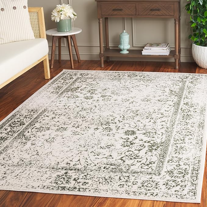 SAFAVIEH Area Rug 4x6 - Adirondack Collection - Ivory & Dark Green, Distressed Vintage Floral Design, Non-Shedding & Easy to Clean, Ideal for Living Room, Bedroom, Dining (ADR109X)