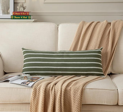 Caflife Boho Lumbar Throw Pillow Cover 14X36 Long Soft Farmhouse Decorative Couch Pillow Cases Green Striped Body Pillow Covers Neutral Cushion Covers for Sofa Bed Living Room Home Decor Pack of 1