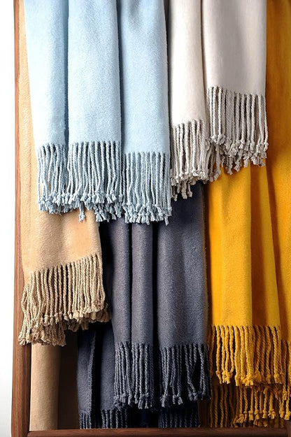 EP Mode Fringed Mulberry Silk Throw Blanket for Sofa (Whisper White)