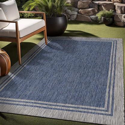 Bordered Outdoor Rug 8x10 Washable Outside Carpet for Indoor Patio Porch Waterproof Easy Cleaning Non Shedding Area Rugs Navy 8 x 10