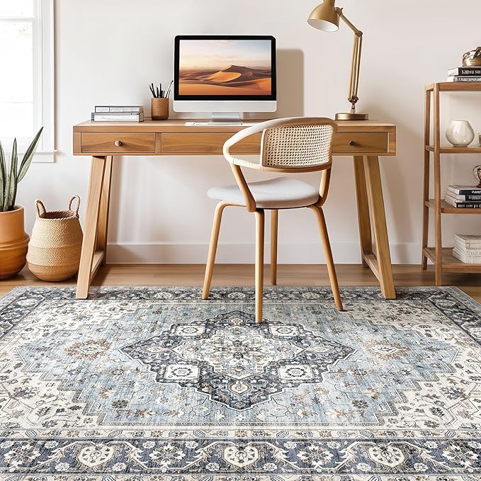 7x9 Area Rug Living Room: Washable Boho Large Neutral Vintage Soft Rugs Stain Resistant Farmhouse Non-Slip Indoor Floor Carpet for Bedroom Nursery Kids Playroom Office Dining Room- Blue Tan