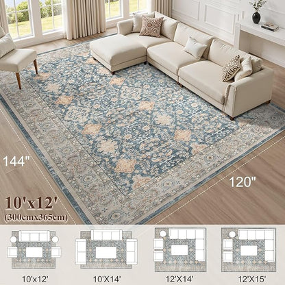 Vintage Living Room Area Rug 10x12 - Large Soft Washable Oriental Traditional Distressed Farmhouse Rugs for Bedroom - Indoor Floor Accent Carpet for Home Office House Decor - Dark Blue
