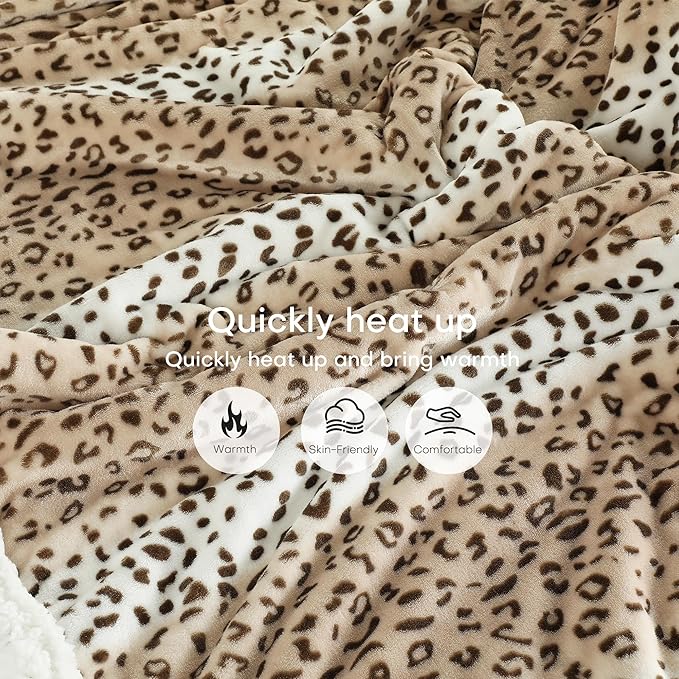 Electric Heated Blanket 72"x84" Full Size Microplush & Sherpa Fabric Heated Blanket, Fast Heating, 4 Heat Settings & 10 Hours Auto Off, Machine Washable - Beige Leopard Print
