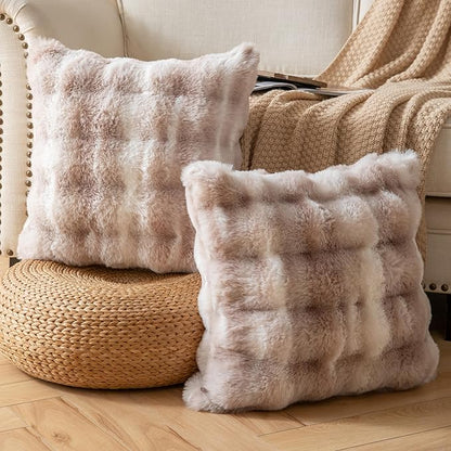 Pack of 2 Thick Plush Throw Pillow Covers Fluffy Wave Faux Fur Decorative Cushion Covers Soft Wool Pillowcase for Sofa Couch Livingroom 26x26 Inch White Taupe