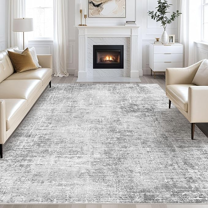 Abstract Living Room Rug 8x10 - Modern Washable Soft Thin Area Rug for Living Room Bedroom Under Dining Table - Neutral Indoor Floor Rug Carpets for Home Office Playroom Nursery - Grey White