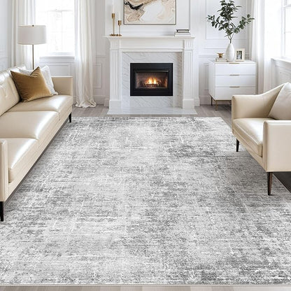 Abstract Living Room Rug 8x10 - Modern Washable Soft Thin Area Rug for Living Room Bedroom Under Dining Table - Neutral Indoor Floor Rug Carpets for Home Office Playroom Nursery - Grey White