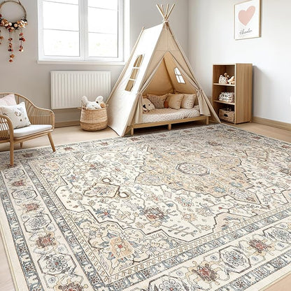 10x14 Area Rugs Living Room: Washable Boho Large Neutral Vintage Soft Rug Stain Resistant Farmhouse Non Slip Indoor Floor Carpet for Bedroom Nursery Kids Playroom Office Dining Room- Cream Blue