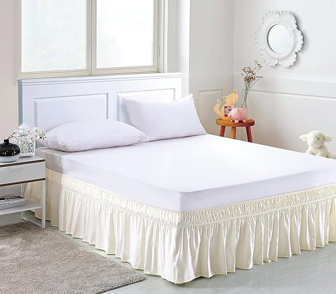MEILA Wrap Around Bed Skirt Three Fabric Sides Elastic Dust Ruffled 18 Inch Tailored Drop,Easy to Install Fade Resistant-Ivory, Queen/King