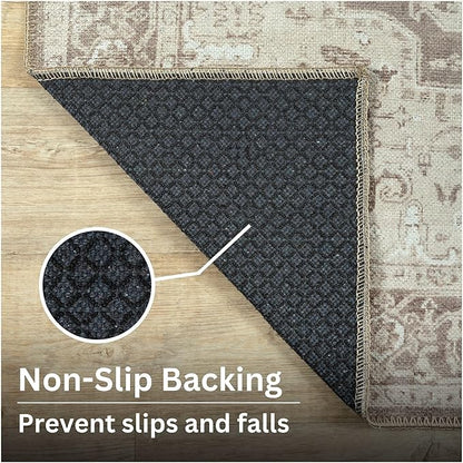 Bloom Rugs Washable Non-Slip 5' x 7' Rug - Light Brown Traditional Medallion Area Rug for Living Room, Bedroom, Dining Room, and Kitchen - Exact Size: 5' x 7'