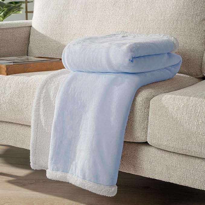 PAVILIA Sherpa Fleece Throw Blanket for Couch, Light Blue, Plush Soft Fuzzy Sofa Blanket, Cozy Reversible Winter Throw for Women Men, 50x60 Inches