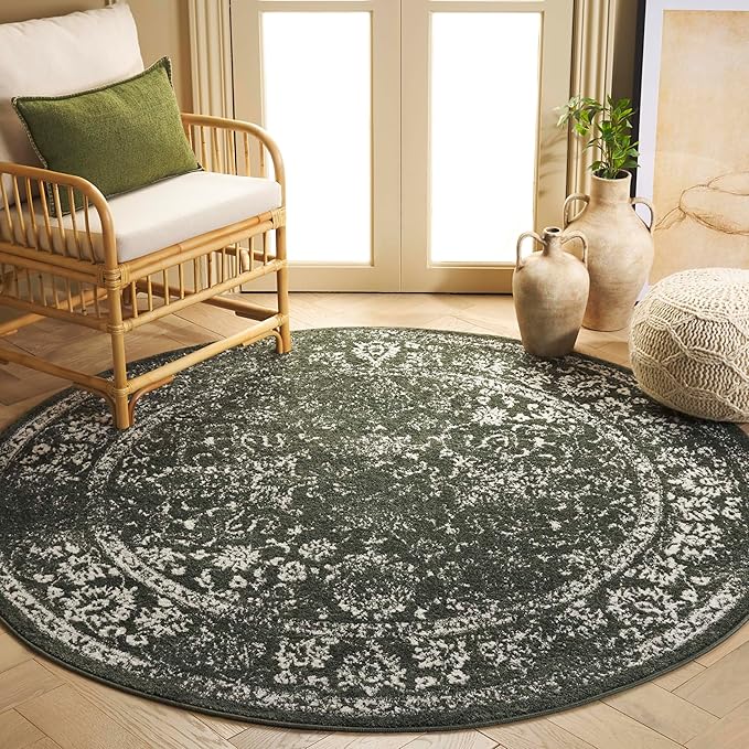 SAFAVIEH Adirondack Collection Area Rug - 6' Round, Dark Green & Ivory, Distressed Vintage Floral Design, Non-Shedding & Easy to Clean, Ideal for Living Room, Bedroom, Dining Space (ADR109Y)
