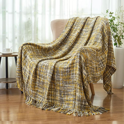 Multi-Color Gold Cable Knitted Throw Blanket for Couch,60"X80" Boho Style Textured Blankets for Home Decor,Super Soft Warm Cozy Chunky Knit Blanket with Decorative Tassels for Bed and Sofa