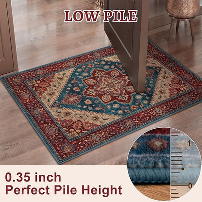 Tangsoo Oriental Red Rug 4x6 Washable Vintage Rugs Non Slip Indoor, Distressed Carpet for Living Room, Dining Room, Soft Low Pile Rugs Boho Foldable Floor for Bedroom Dorm Bedside Bathroom
