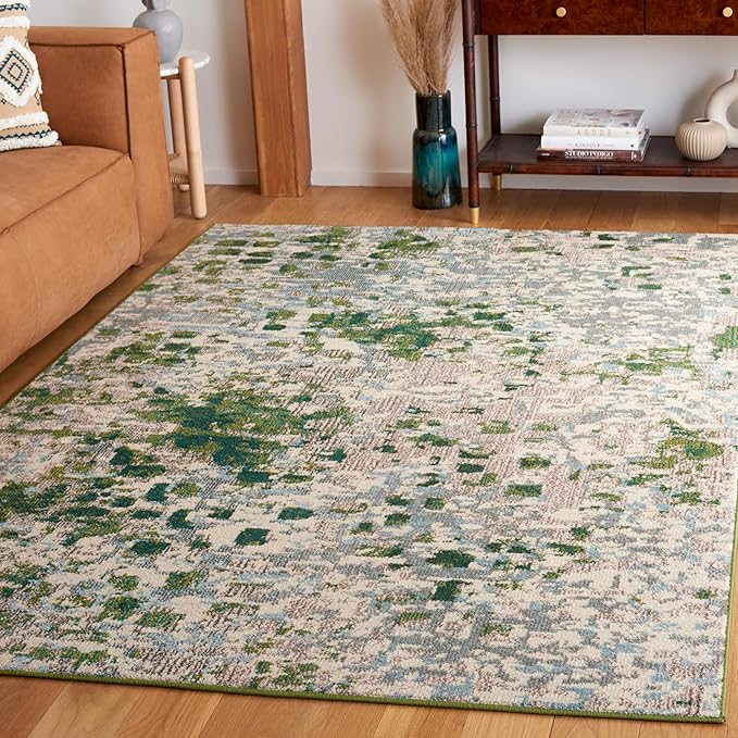 SAFAVIEH Monaco Collection Area Rug - 6'7" x 9'2", Green & Blue, Abstract Watercolor Design, Non-Shedding & Easy Care, Ideal for High Traffic Areas in Living Room, Bedroom, Dining (MNC225Y-6)