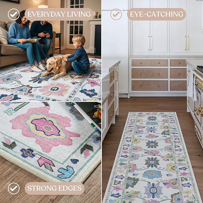 Fame Living Colorful Oushak Rug, Modern Rugs, Vintage, Turkish, Eclectic, Floral, Pastel, Washable, Small Throw, Accent Area Rug for Living Room, Bedroom, Kitchen, Bathroom, 2'5"x4'9"