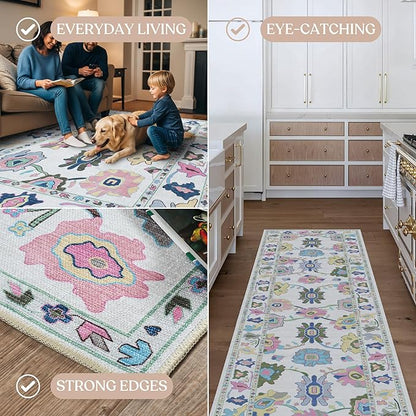 Fame Living Colorful Oushak Rug, Modern, Vintage, Turkish, Eclectic, Floral, Pastel, Washable, Large Area Rugs for Living Room, Dining, Bedroom, Girls, Boys, 7'5"x9'8"