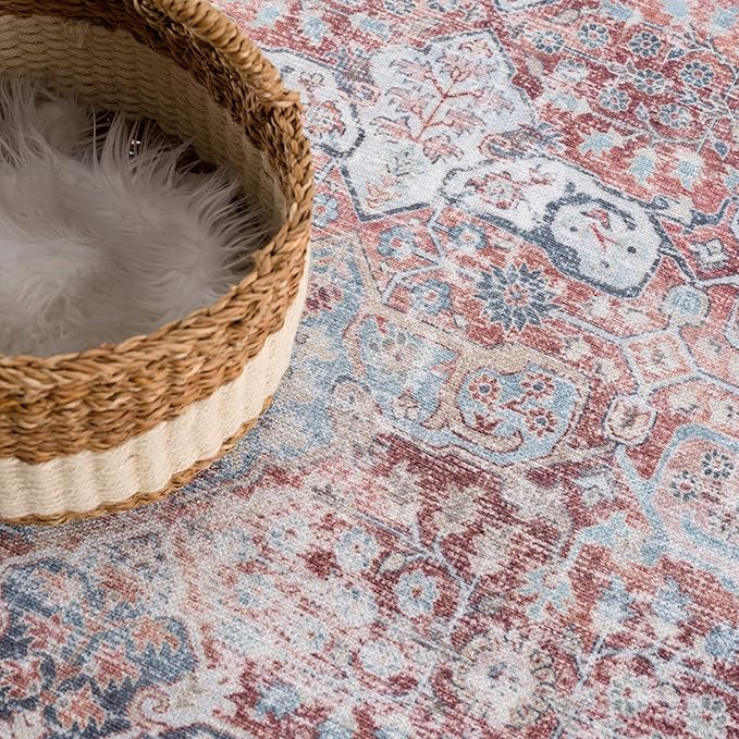 Bloom Rugs Caria Washable Non-Slip 10 ft Runner - Brick/Dark Blue Traditional Runner for Entryway, Hallway, Bathroom, and Kitchen - Exact Size: 2'6" x 10'