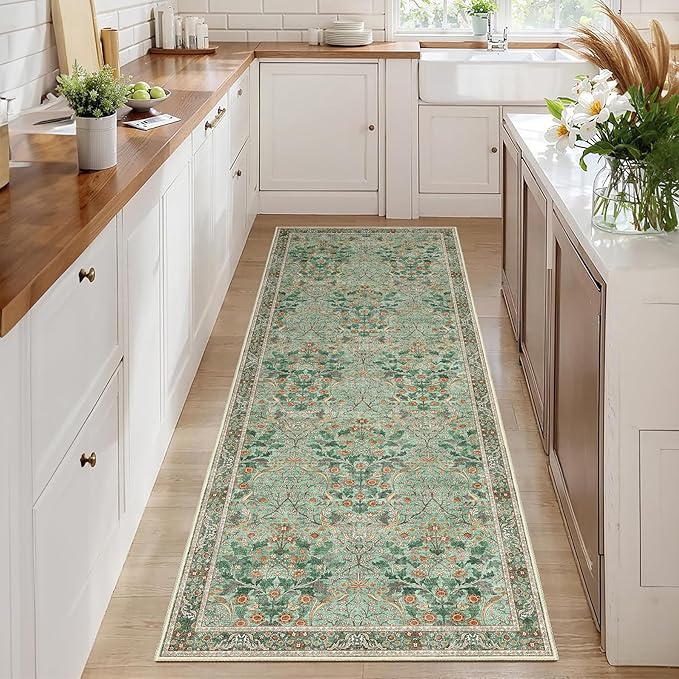 MUJOO Washable Runner Rug Green,Floral 2x6 Runners for Hallway Kitchen Bedroom Bedside Bathroom Laundry Room,Long Non Slip Throw Carpet Boho Indoor Botanical Vintage Ultra-Thin