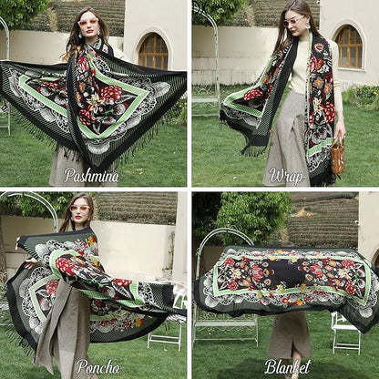 DANA XU 100% Merino Wool Extra Large Pashmina Blanket Travel Scarf Cashmere Wrap for Women Fall Winter Oversize Shawl Floral