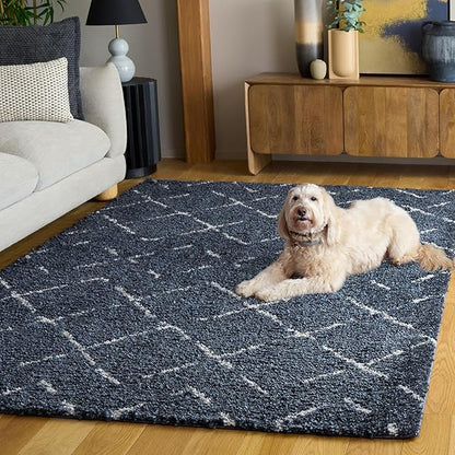 SAFAVIEH Arizona Shag Collection Area Rug - 6'7" x 9'2", Slate Blue & Ivory, Moroccan Boho Design, Non-Shedding & Easy to Clean, Ideal for Living Room, Bedroom, Dining Space (ASG743L)