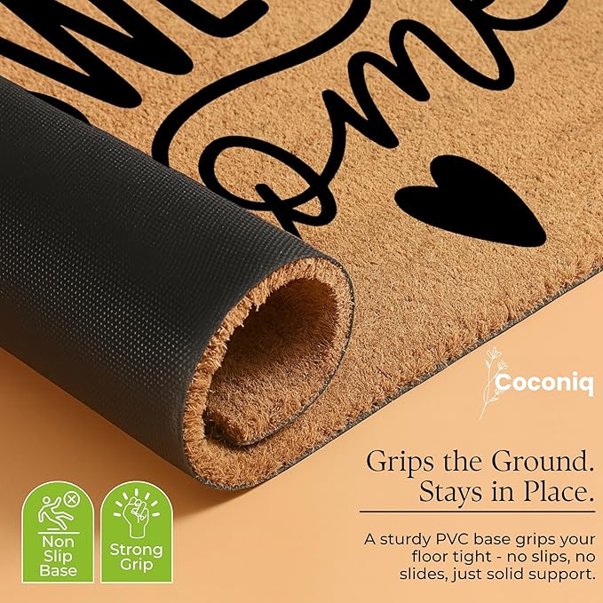 Coir Door Mats 17" X 30", Non-Slip Sturdy, PVC Backed Heavy Duty, Easy to Clean, Ideal for Door Entrance, Patio, Porch, Backyard, Garages, Sweet Home with Hearts