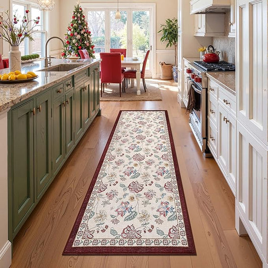 jinchan Elora 3x10 Floral Runner Rug for Hallway Washable Runner Vintage Romance Christmas Design Non Slip Thin Indoor Floor Cover Low-Profile Throw Carpet for Entryway Bathroom Bedroom, Red/Beige