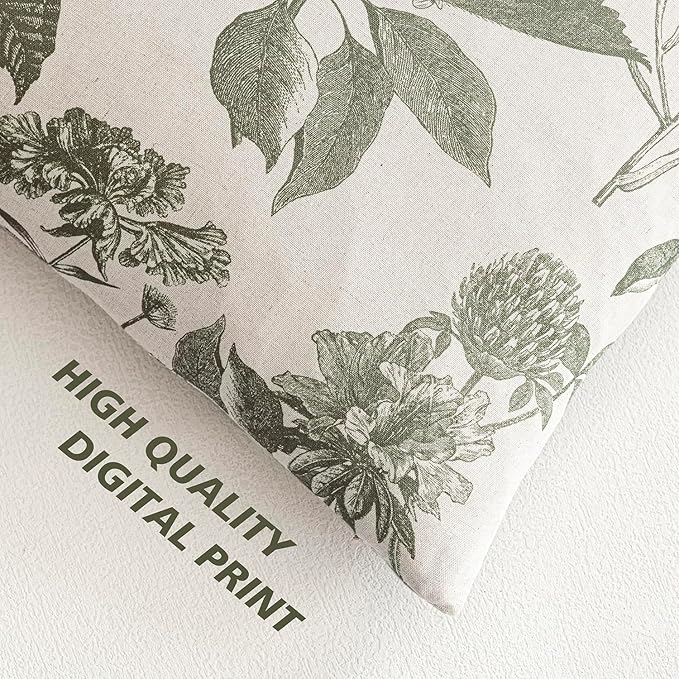 Foindtower Set of 2 Linen Floral Vintage Throw Pillow Covers Neutral Accent Print Decorative Cushion Covers Farmhouse Home Decor for Sofa Chair Couch Bedroom Living Room,18×18 Inch,Sage Green