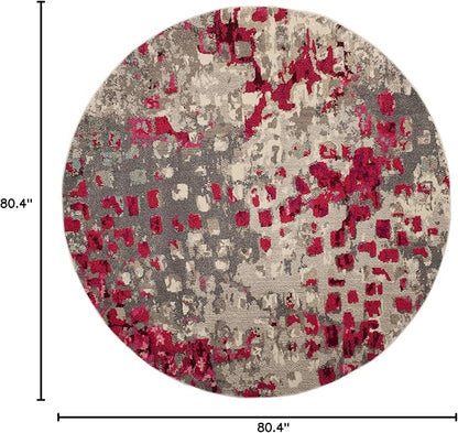 SAFAVIEH Monaco Collection Area Rug - 6'7" Round, Grey & Fuchsia, Boho Chic Abstract Watercolor Design, Non-Shedding & Easy Care, Ideal for High Traffic Areas in Living Room, Bedroom (MNC225R)